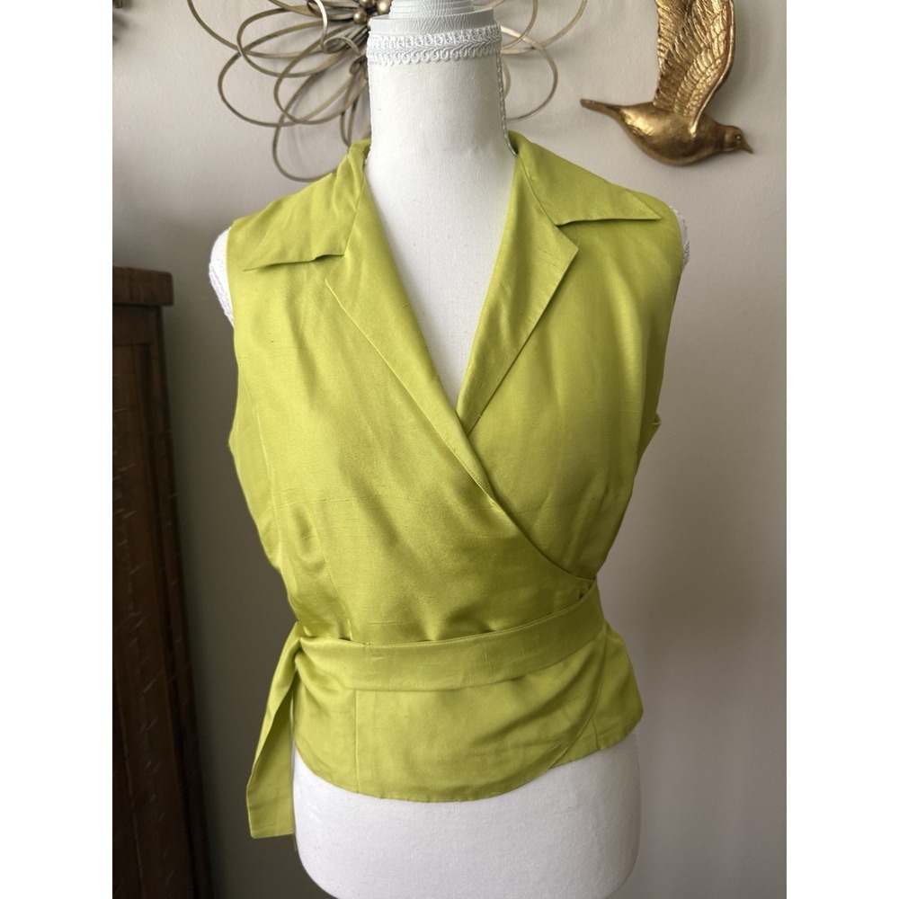 Vintage ICE 100% Silk Wrap Blouse Top Lime Green Sleeveless Tie Waist S